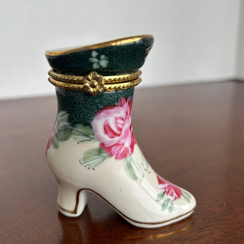 Boot Hinged Trinket Box Formalities by Baum Bros Green Pink Floral